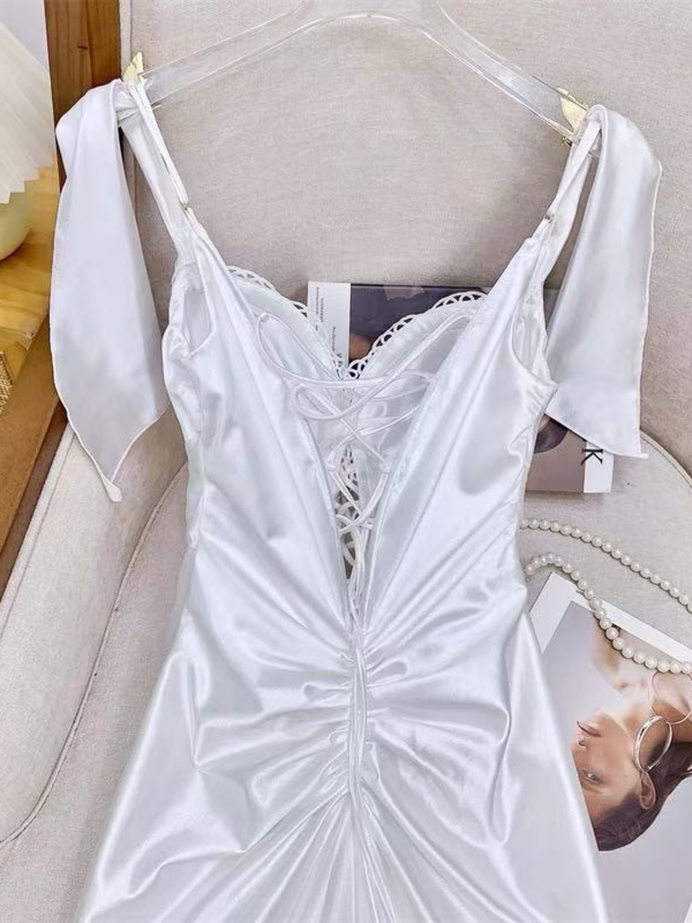 Source Unknown White Satin Strapless Lace-Up Dress